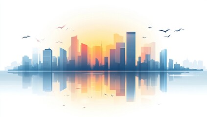 Fototapeta premium A modern cityscape with a sunrise in the background, reflected in the water.