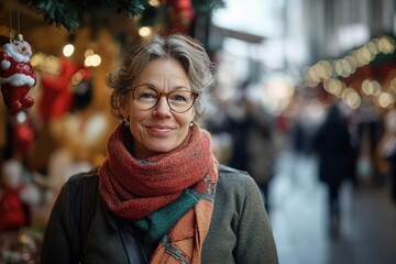 Happy smiling middle aged woman in winter clothes at street Christmas market in Paris	
