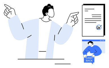 A person in a light blue jacket points at a signed document and a cash back offer. Ideal for business presentations, financial promotions, contract signing, customer rewards, and marketing. Clean