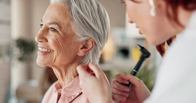 Otoscope, doctor and old woman in hospital, ear and medical device for examination, checkup and infection. Healthcare, people and hearing test in appointment, consultation and diagnosis for patient