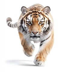 Obraz premium A majestic tiger sprinting forward, showcasing its powerful build and striking fur pattern against a clean, isolated on white background.