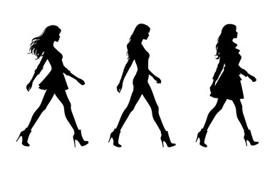 Vector illustration. Silhouette of a girl on a white background. On heels goes sideways.