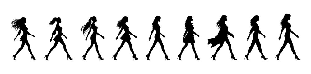 Vector illustration. Silhouette of a girl on a white background. On heels goes sideways.