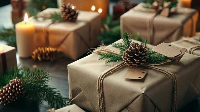 Wrapping Christmas gifts in recycled paper with natural twine, pinecones, and handmade tags, on a minimalist table. . Video