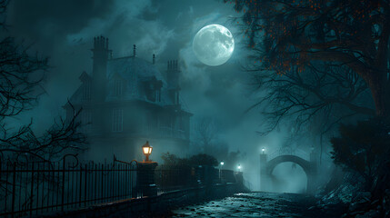 Obraz premium 3D illustration of a Halloween concept background of realistic horror house and creepy street with moonlight