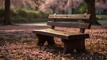 a wooden bench situated under the shade of a blooming cherry tree. The soft, warm light of the setting sun casts a golden glow, illuminating the soft pink flowers and intricate details on the bench.