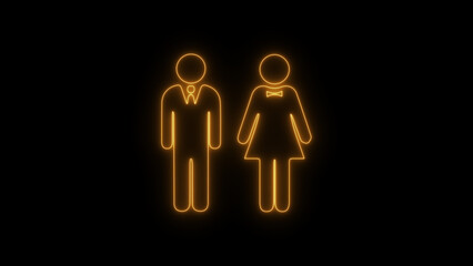 Neon, Glowing man and woman icon on black background. Men, Women, and Unisex Symbols in Simple, Gender-Inclusive Outlines for Public Bathrooms, Family-Friendly Facilities, and Accessibility Awareness