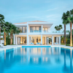 Fototapeta premium white villa with impressive garden and pool