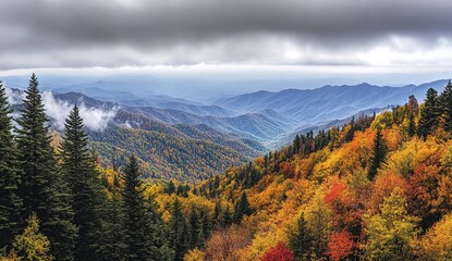 A panoramic view of a valley with colorful autumn leaves and a cloudy sky.