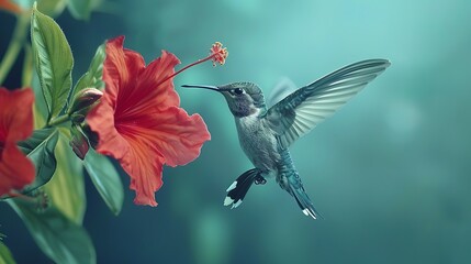 Fototapeta premium A hummingbird feeding on a red flower on blue background