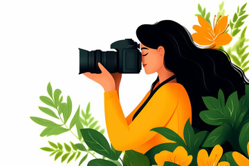 Woman taking photo with a camera, surrounded by flowers and leaves.