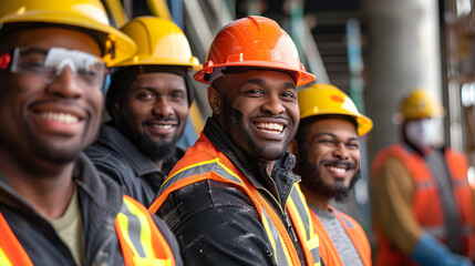group of smiling construction workers wearing uniforms