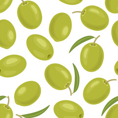 Green olives seamless pattern. Vector cartoon flat illustration. Food background.