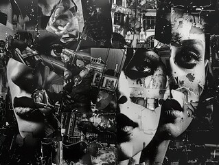 Abstract Black and White Collage Portrait with Cityscape Elements