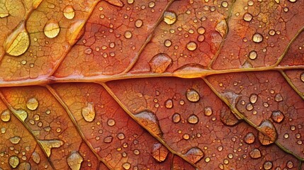 Fototapeta premium Close-up of an autumn leaf with water droplets highlighting its natural texture.