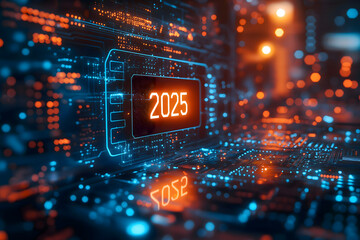 Futuristic digital interface with progress bar,High-tech style with holographic elements. Digital illustration of an advanced computer chip or screen displaying data transfer in the virtual space.