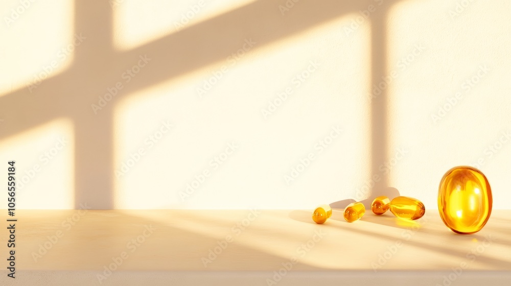 Poster warm wellness display cream matte surface with golden pills in inviting ambient light for thanksgivi