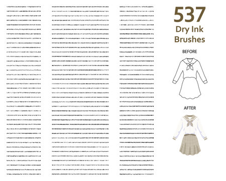 Set of 537 medium bold dry print ink art brushes with various lengths for stitching, decoration, story book, animation/illustration. Compatible with Adobe Illustrator CS6 and above.