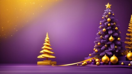 Merry christmas yellow and purple background with traditional christmas tree