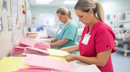 Obraz premium Nurses Organizing Educational Materials in Hospital Room for Patient Empowerment Healthcare Support and Information Sharing on Nurses Day and World Health Day