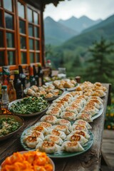 Panoramic View of Mountainside Feast with Dumplings and Salads