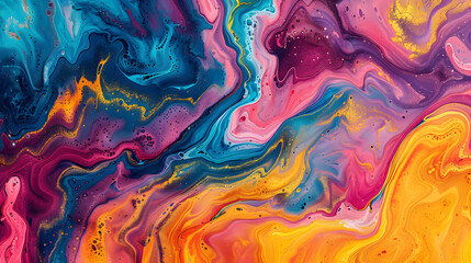 Abstract marbled acrylic paint ink painted waves painting texture colorful background banner - Bold colors, rainbow color swirls wave