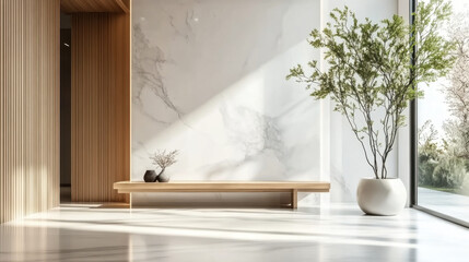 Wooden bench near marble stone wall and wood  Minimalist home interior design of modern entrance hall with big window