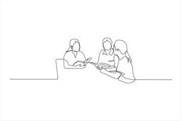 A continuous line drawing of three people engaged in a discussion or collaboration.