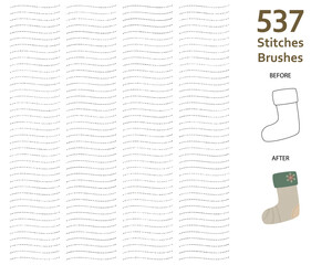 Set of 537 medium bold stitches art brushes with various lengths for clothes, decoration, story book, animation/illustration. Compatible with Adobe Illustrator CS6 and above.
