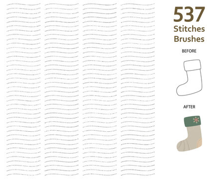Set of 537 medium bold stitches art brushes with various lengths for clothes, decoration, story book, animation/illustration. Compatible with Adobe Illustrator CS6 and above.