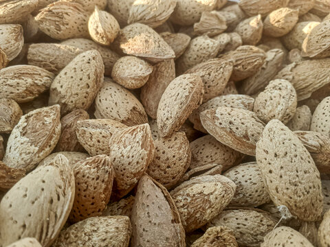 Shelled almonds dry fruit background 