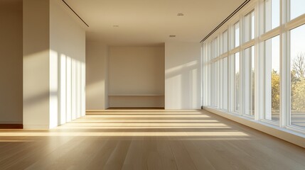 Fototapeta premium A large, empty room with a white wall and wooden floors. The room is filled with natural light from the large windows