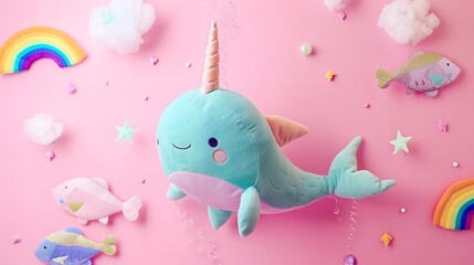 A plushie narwhal swimming with rainbow fish on pink background