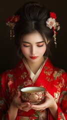 A traditional red kimono with lower ornaments worn by an Asian woman Tea Tasted from a Bowl