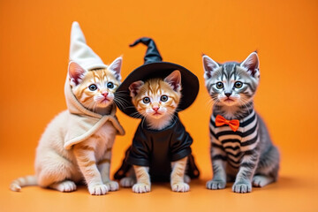 Fototapeta premium Three kittens in Halloween costumes on orange background, adorable