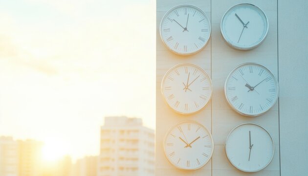 Dawn Cityscape with Aerial Clocks Urban Time Shift for New Year&rsquo;s and Thanksgiving