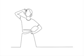 A minimalist line drawing of a person posing thoughtfully with a hand on their forehead.