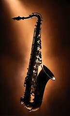  Silhouette of a saxophone with floating notes in warm, smoky light, capturing the moody atmosphere of a jazz club.