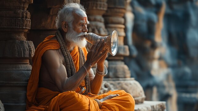 An authentic photograph of a senior Indian monk blowing a conch shell in an old stone temple