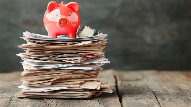 A vibrant piggy bank atop a mound of paperwork, symbolizing savings, budgeting, and financial organization in modern life.