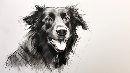 black charcoal pencil hand drawing with closeup illustration of dog face in white background with copy space 