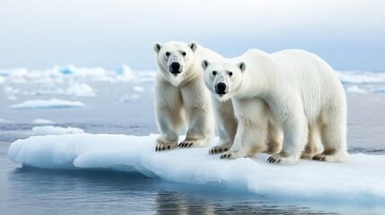 Fototapeta premium Two polar bears standing on an iceberg in a serene arctic landscape, showcasing the beauty of wildlife in its natural habitat.