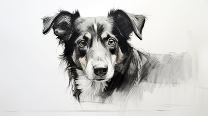 black charcoal pencil hand drawing with closeup illustration of dog face in white background with copy space 