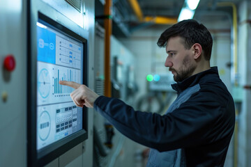 Facility manager monitoring smart building controls on touchscreen, optimizing HVAC and lighting, energy usage graph visible