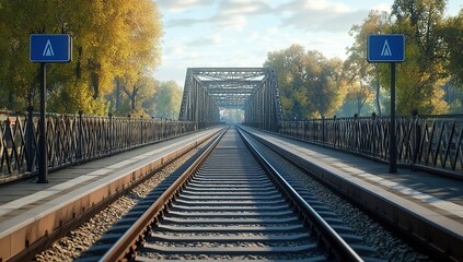 Fototapeta premium A view of railroad tracks on a bridge leading into a forest on a clear autumn day.