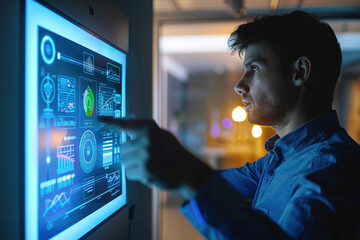 Facility manager monitoring smart building controls on touchscreen, optimizing HVAC and lighting, energy usage graph visible