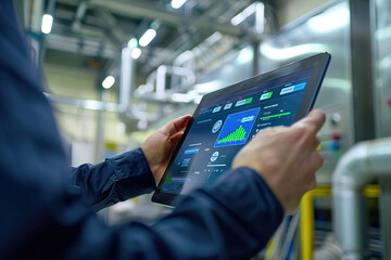 Facility manager monitoring smart building controls on touchscreen, optimizing HVAC and lighting, energy usage graph visible