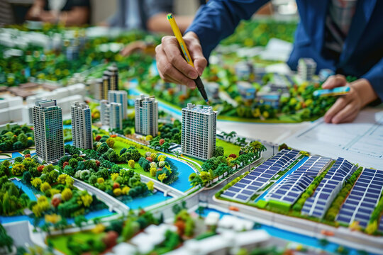 Urban planners sketching eco-friendly city layouts, solar panels, and green roofs, vibrant concept boards displayed