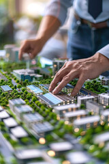 Fototapeta premium Architect presenting a 3D model of a sustainable city, green roofs and solar panels highlighted