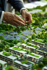 Obraz premium Architect presenting a 3D model of a sustainable city, green roofs and solar panels highlighted